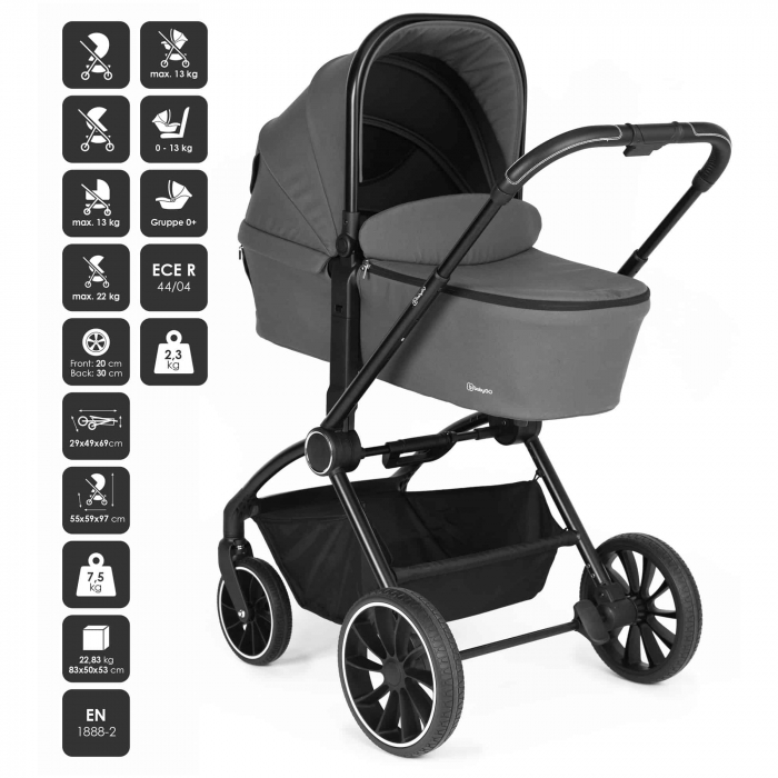 BabyGo - Carucior 3 in 1 Harmony Grey cu maner reglabil pe inaltime, cadru Black [2]