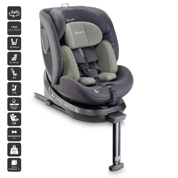 BabyGo - Scaun auto rotativ cu isofix, MOVE360 Green, 40-150 cm, certificat R129 [15]