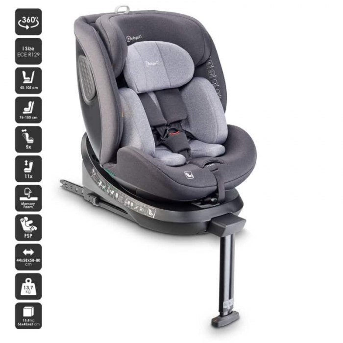 BabyGo - Scaun auto rotativ cu isofix, MOVE360 Grey, 40-150 cm, certificat R129 [12]
