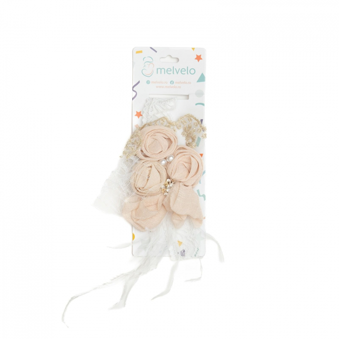 Bentita bebe, eleganta, ingusta cu florii, dantela si perle, satin, Melvelo - Cream [2]