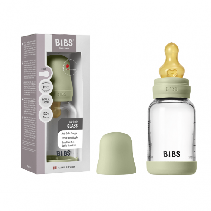 BIBS - Set complet biberon din sticla anticolici cu tetina din latex, flux lent, 120 ml, Sage [6]