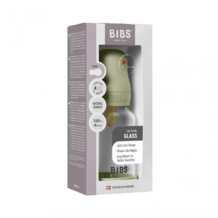 BIBS - Set complet biberon din sticla anticolici cu tetina din latex, flux lent, 120 ml, Sage [3]