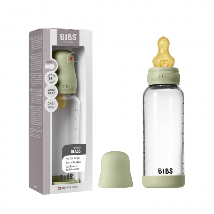 BIBS - Set complet biberon din sticla anticolici cu tetina din latex, flux mediu, 240 ml, Sage [4]