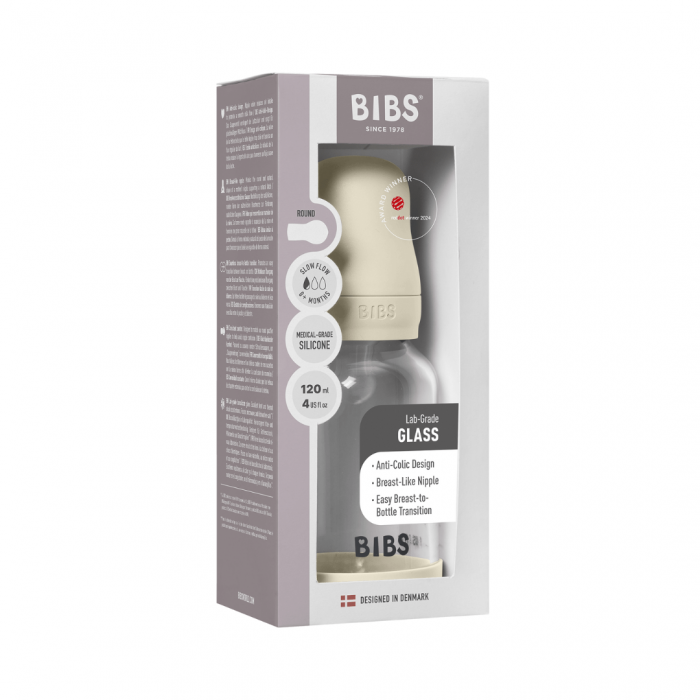 BIBS - Set complet biberon din sticla anticolici cu tetina din silicon flux lent, 120 ml, Ivory [4]
