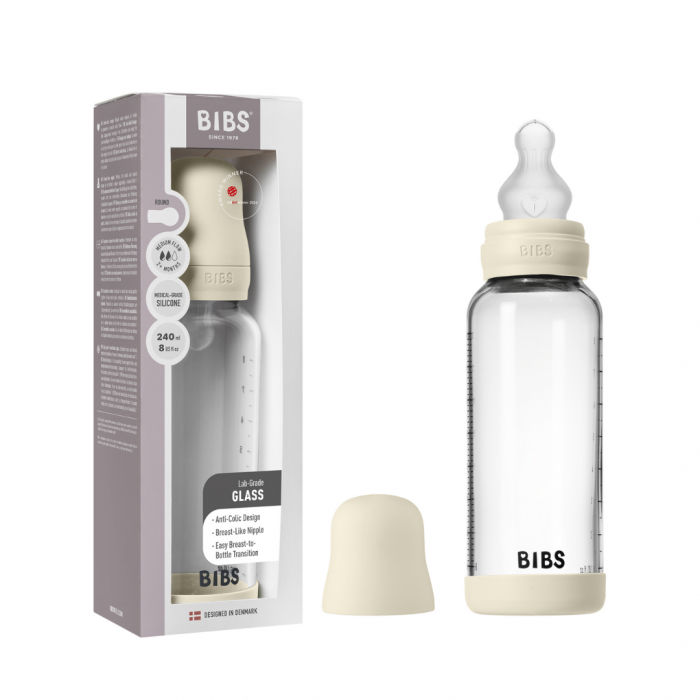 BIBS - Set complet biberon din sticla anticolici cu tetina din silicon, flux mediu, 240 ml, Ivory [3]