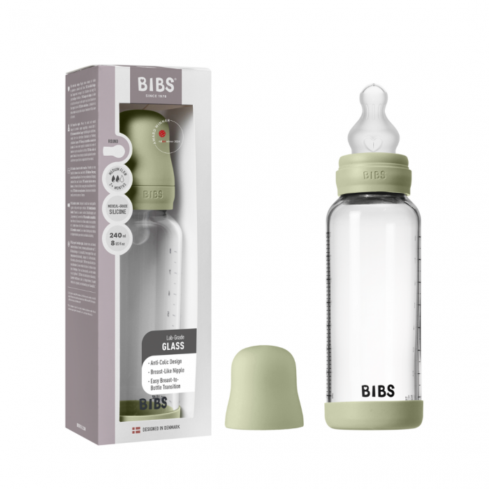 BIBS - Set complet biberon din sticla anticolici cu tetina din silicon, flux mediu, 240 ml, Sage [2]