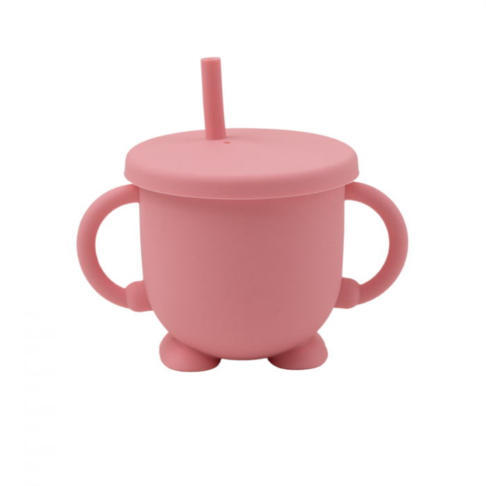 Cana anti-varsare din silicon, cu pai, 2 in 1, pentru gustari sau lichide, 150ml, Melvelo – Baby Pink Melvelo