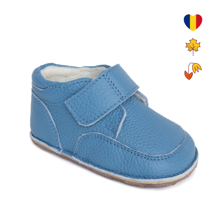 Ghetute Barefoot Copii din Piele Naturala cu Captuseala Textila – Primii Pasi, Talpa Flexibila Cauciuc, Toamna-Primavara | Melvelo - Baby Blue [1]