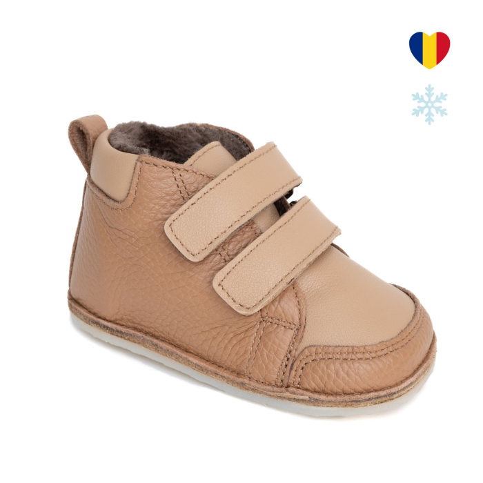 ​​​​​​​Ghetute Barefoot Copii din Piele Naturala Imblanite – Primii Pasi, Talpa Flexibila Cauciuc, Iarna | Melvelo - Caramel Beige [1]