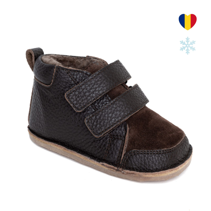 ​​​​​​​Ghetute Barefoot Copii din Piele Naturala Imblanite – Primii Pasi, Talpa Flexibila Cauciuc, Iarna | Melvelo - Dark Oak [1]