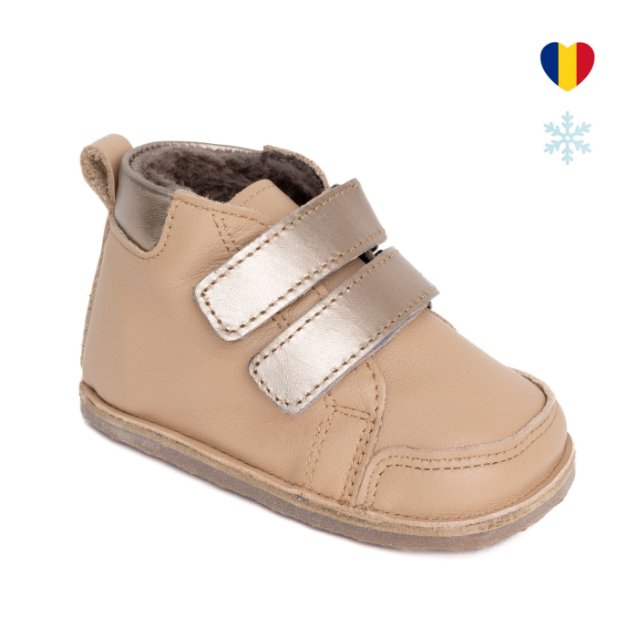 ​​​​​​​Ghetute Barefoot Copii din Piele Naturala Imblanite – Primii Pasi, Talpa Flexibila Cauciuc, Iarna | Melvelo - Metallic Beige [1]