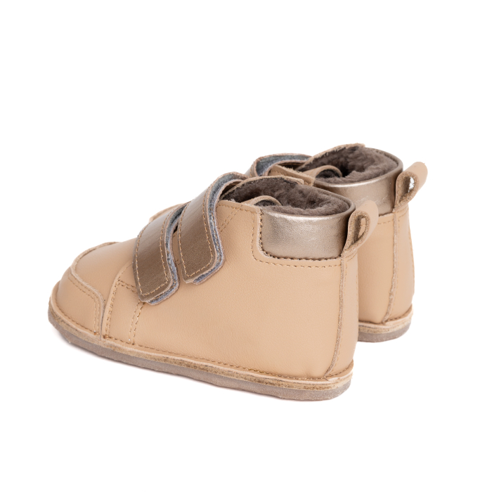 ​​​​​​​Ghetute Barefoot Copii din Piele Naturala Imblanite – Primii Pasi, Talpa Flexibila Cauciuc, Iarna | Melvelo - Metallic Beige [3]