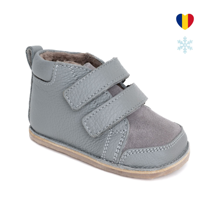 ​​​​​​​Ghetute Barefoot Copii din Piele Naturala Imblanite – Primii Pasi, Talpa Flexibila Cauciuc, Iarna | Melvelo - Stone Grey [1]