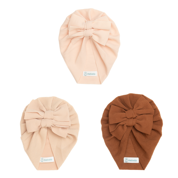 Pachet 3 turbane bebelusi cu doua funde, bumbac, Melvelo, Rice - Cream, Pink Cream, Earth [1]