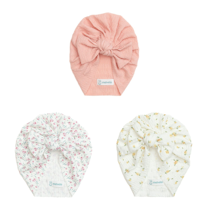 Pachet 3 turbane bebelusi cu funda, bumbac, Melvelo, Dusk - Daisy, Peach, Tulip [1]