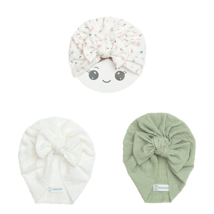 Pachet 3 turbane bebelusi cu funda, bumbac, Melvelo, Dusk - Sage, Pink Flower, White [1]