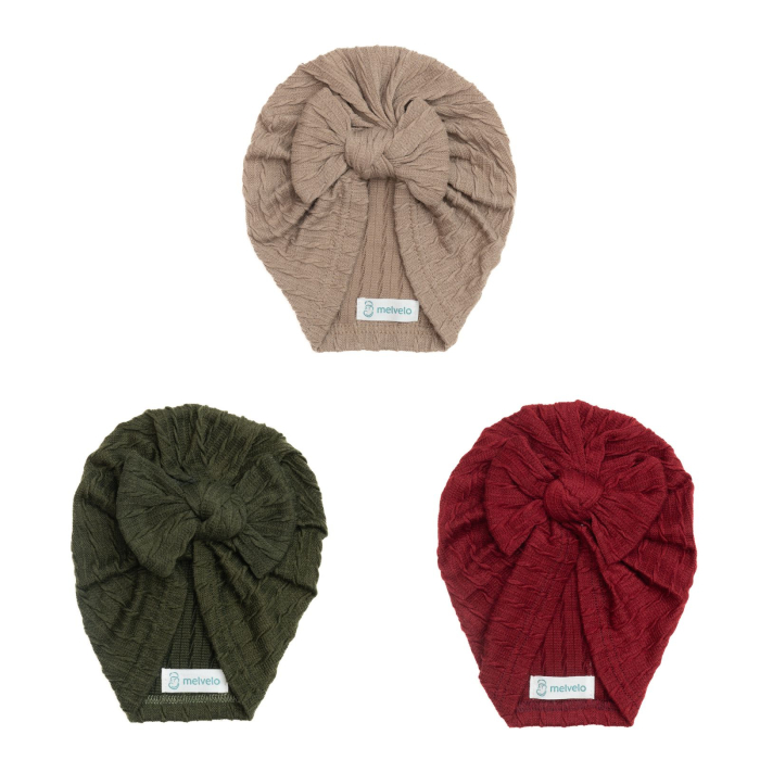 Pachet 3 turbane bebelusi cu funda, bumbac, Melvelo, Knitwear - Croissant, Hunter Green, Ruby [1]