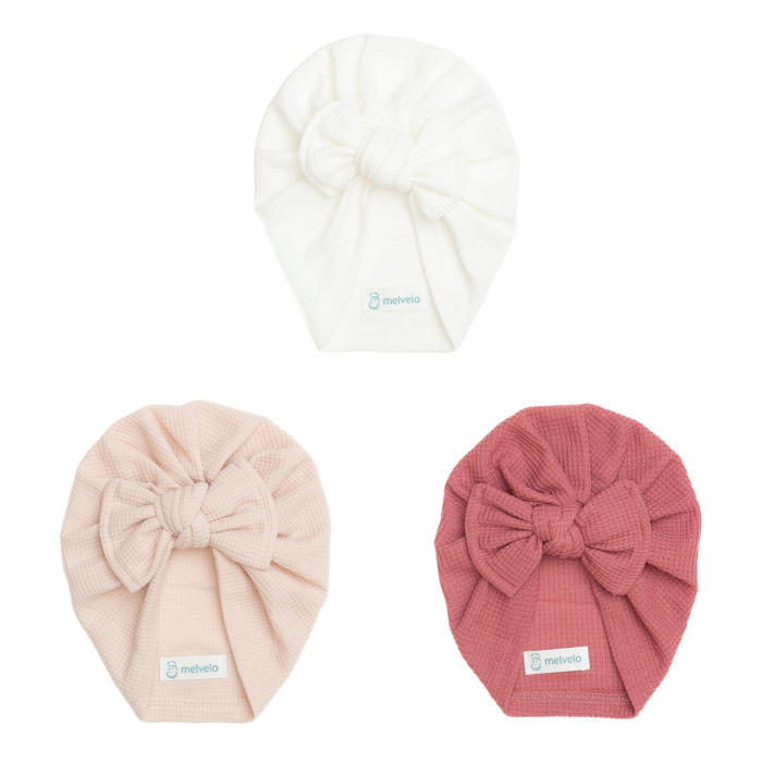 Pachet 3 turbane bebelusi, cu funda, bumbac, Melvelo, Waffle - White, Pink Cream, Coral [1]