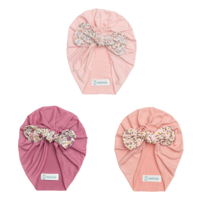 Pachet 3 turbane bebelusi cu funda, poliester, Melvelo, Flower - Blossom, Coral, Peach [1]