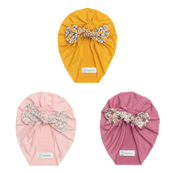 Pachet 3 turbane bebelusi cu funda, poliester, Melvelo, Flower - Honey Bee, Blossom, Coral [1]