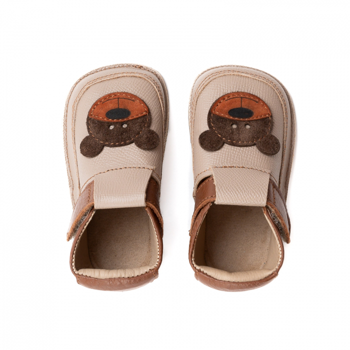 Papucei Barefoot Copii, primi pasi, piele naturala, talpa flexibila de cauciuc, Melvelo - Beige / Bear [2]