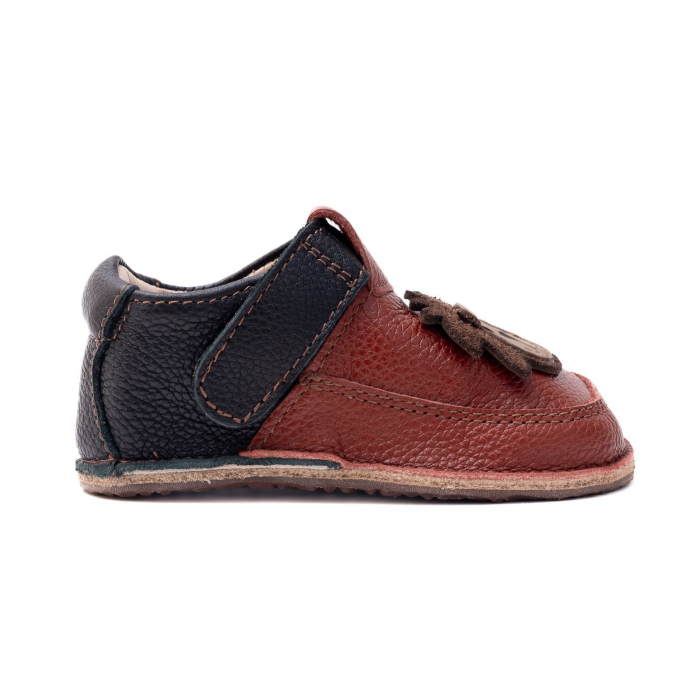 Papucei Barefoot Copii, primi pasi, piele naturala, talpa flexibila de cauciuc, Melvelo - Brown / Black / Leo [2]
