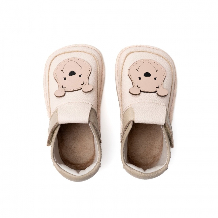 Papucei Barefoot Copii, primi pasi, piele naturala, talpa flexibila de cauciuc, Melvelo - Crem / Olive / Bear [5]