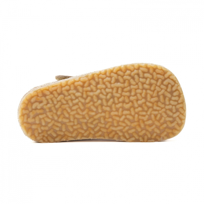 Papucei Barefoot Copii, primi pasi, piele naturala, talpa flexibila de cauciuc, Melvelo - Crem / Olive / Bear [4]