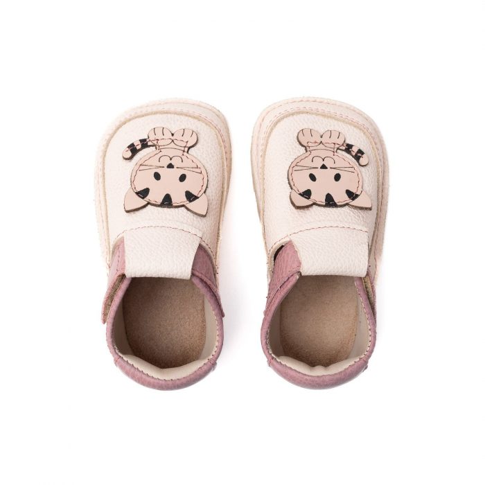 Papucei Barefoot Copii, primi pasi, piele naturala, talpa flexibila de cauciuc, Melvelo - Ivory / Dusty pink / Cat [3]