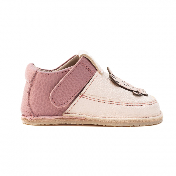 Papucei Barefoot Copii, primi pasi, piele naturala, talpa flexibila de cauciuc, Melvelo - Ivory / Dusty pink / Cat [2]