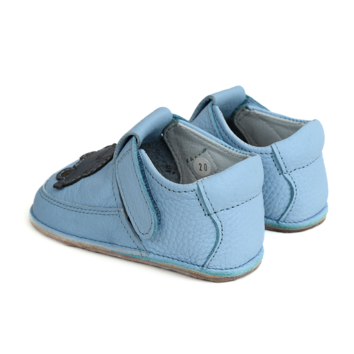 Papucei Barefoot Copii, primii pasi, piele naturala, talpa flexibila de cauciuc, Melvelo - Baby Blue / Car [3]