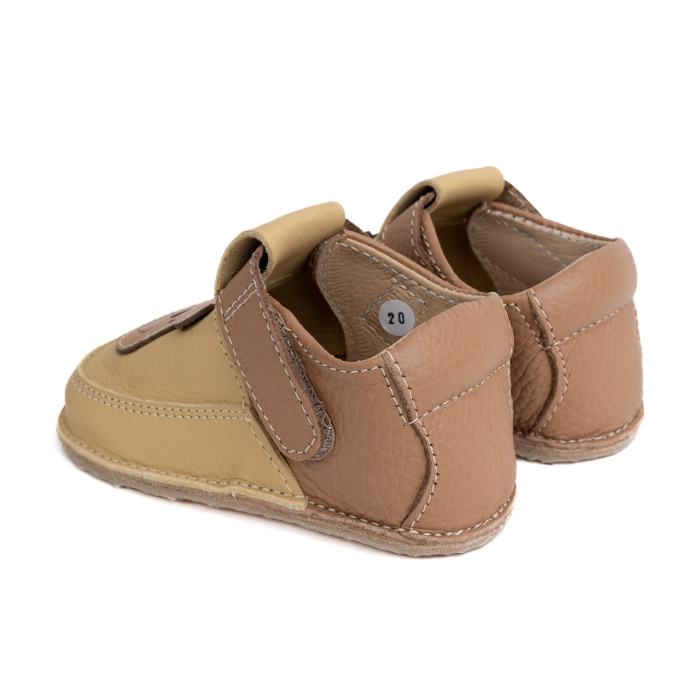 Papucei Barefoot Copii, primii pasi, piele naturala, talpa flexibila de cauciuc, Melvelo - Caramel Beige / Brown / Bear [3]
