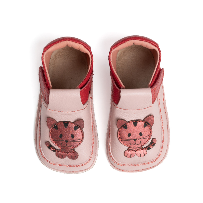 Papucei Barefoot Copii, primii pasi, piele naturala, talpa flexibila de cauciuc, Melvelo - Dusty Pink / Cherry Red / Cat [2]