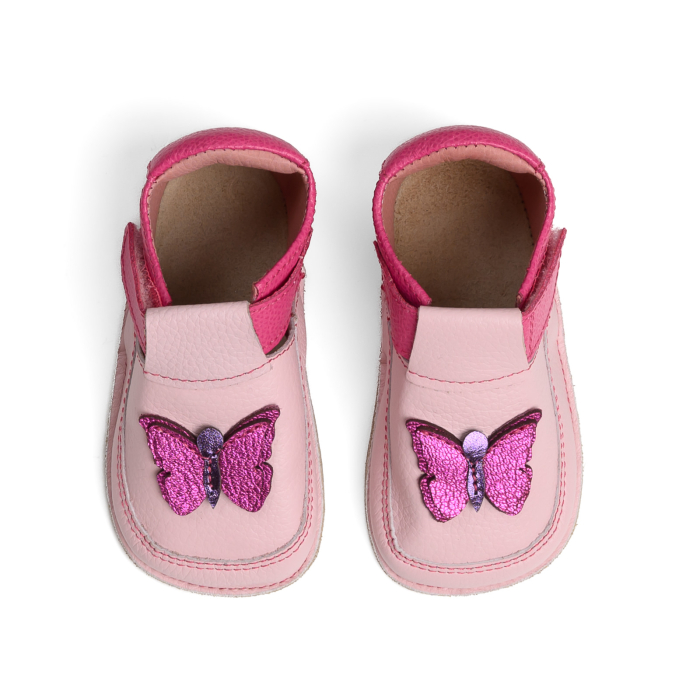 Papucei Barefoot Copii, primii pasi, piele naturala, talpa flexibila de cauciuc, Melvelo - Dusty Pink / Fuchsia / Butterfly [2]