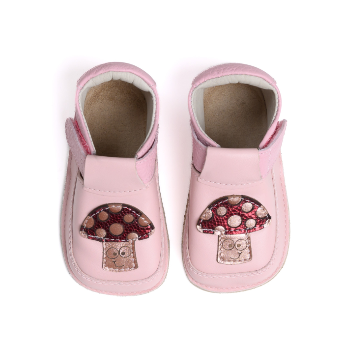Papucei Barefoot Copii, primii pasi, piele naturala, talpa flexibila de cauciuc, Melvelo - Dusty Pink / Mushroom [2]