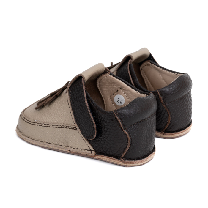 Papucei Barefoot Copii, primii pasi, piele naturala, talpa flexibila de cauciuc, Melvelo - Taupe / Black / Leo [3]