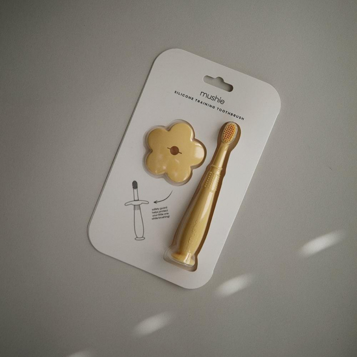 Periuta de dinti din silicon cu ventuza Mushie, protectie detasabila - Pale Daffodil [2]