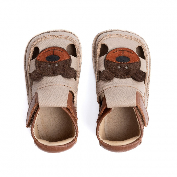 Sandale Barefoot Copii, primi pasi, piele naturala, talpa flexibila de cauciuc, Melvelo - Beige / Bear [2]