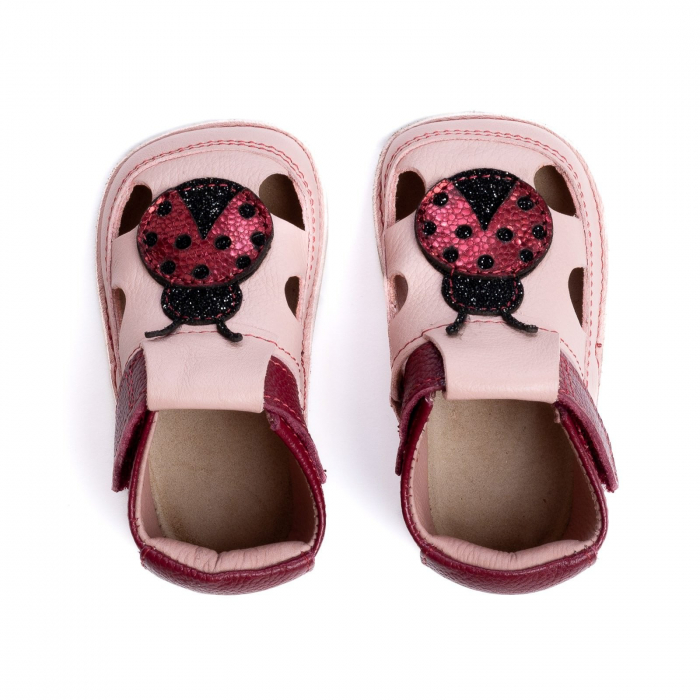 Sandale Barefoot Copii, primi pasi, piele naturala, talpa flexibila de cauciuc, Melvelo - Pink / Buburuza [2]