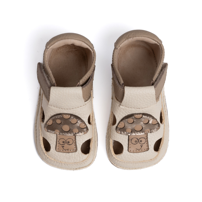 Sandale Barefoot Copii, primii pasi, piele naturala, talpa flexibila de cauciuc, Melvelo - Crem / Mushroom [2]