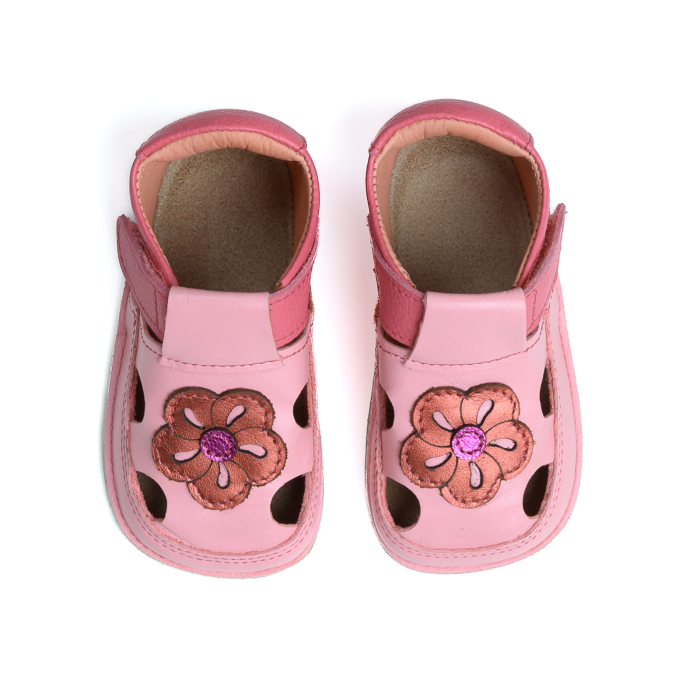 Sandale Barefoot Copii, primii pasi, piele naturala, talpa flexibila de cauciuc, Melvelo - Pink / Flower [2]