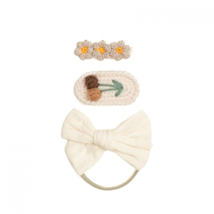 Set 2 agrafe de par handmade si 1 bentita cu funda, bebe, bumbac, Melvelo - Cream [2]