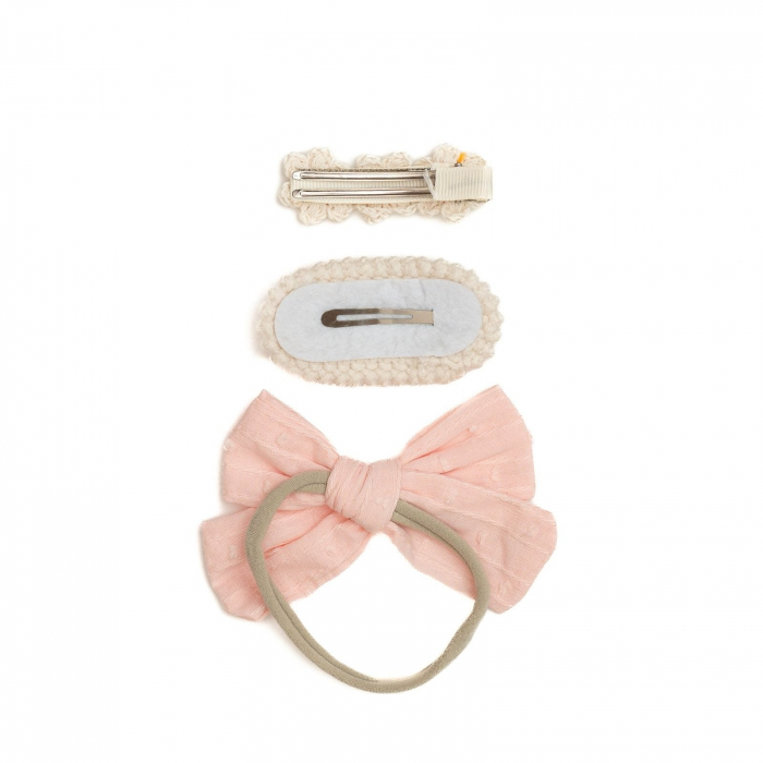 Set 2 agrafe de par handmade si 1 bentita cu funda, bebe, bumbac, Melvelo - Pink Cream [3]