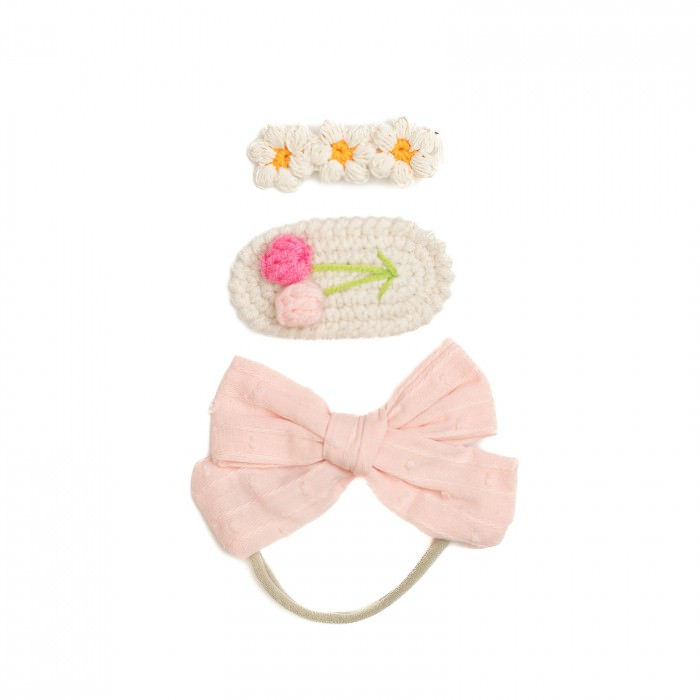 Set 2 agrafe de par handmade si 1 bentita cu funda, bebe, bumbac, Melvelo - Pink Cream [2]