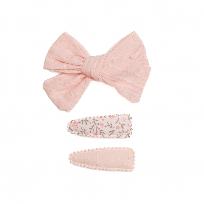 Set 2 agrafe si 1 clama de par cu funda, fetite, cotton, Melvelo - Dots Pink Cream [2]