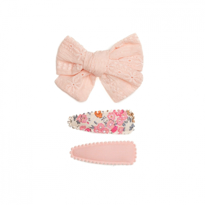 Set 2 agrafe si 1 clama de par cu funda, fetite, cotton, Melvelo - Flower Pink Cream [2]