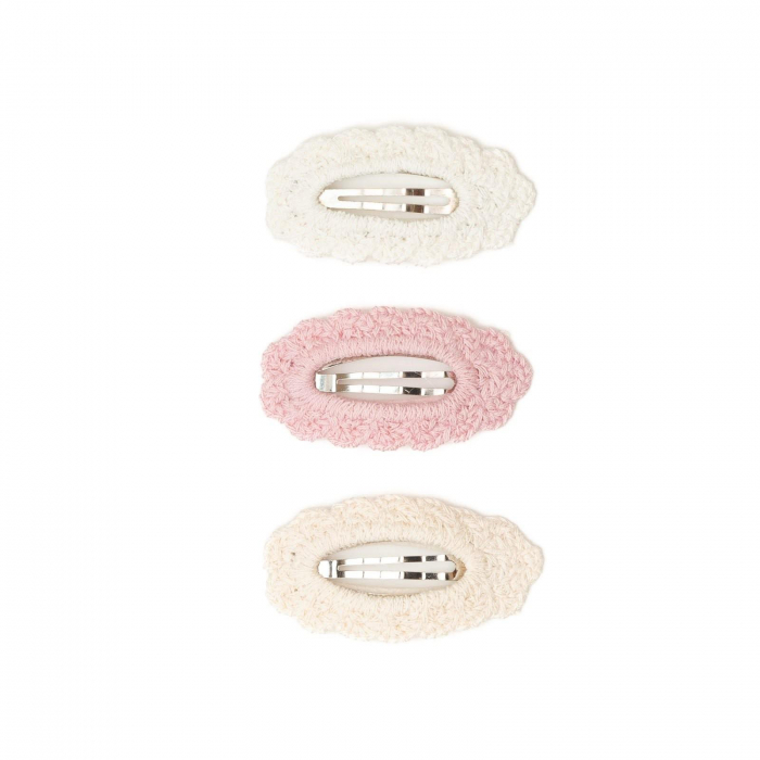 Set 3 agrafe crosetate handmade, pentru par, bebe, Melvelo - Cream / Pink / White [2]