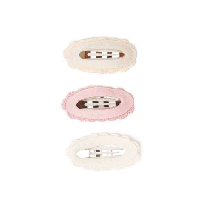 Set 3 agrafe crosetate handmade, pentru par, bebe, Melvelo - Cream / Pink / White [3]
