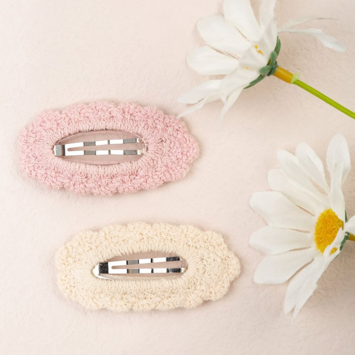 Set 3 agrafe crosetate handmade, pentru par, bebe, Melvelo - Cream / Pink / White [6]