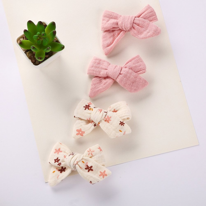 Set 4 clame cu funda pentru par, fetite, bumbac, Melvelo - Papaya / Pink Flower [3]